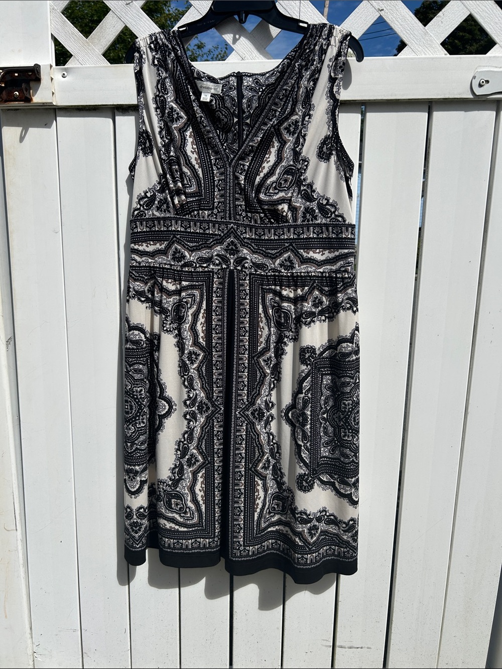 dressbarn Black and Cream Paisley-Print V-Neck A-Line Dress